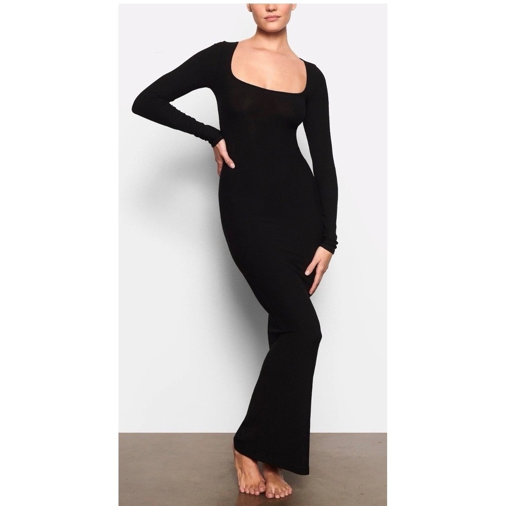 SKIMS Soft Lounge Long Sleeve Maxi Dress Onyx Black Ribbed Modal XL‎